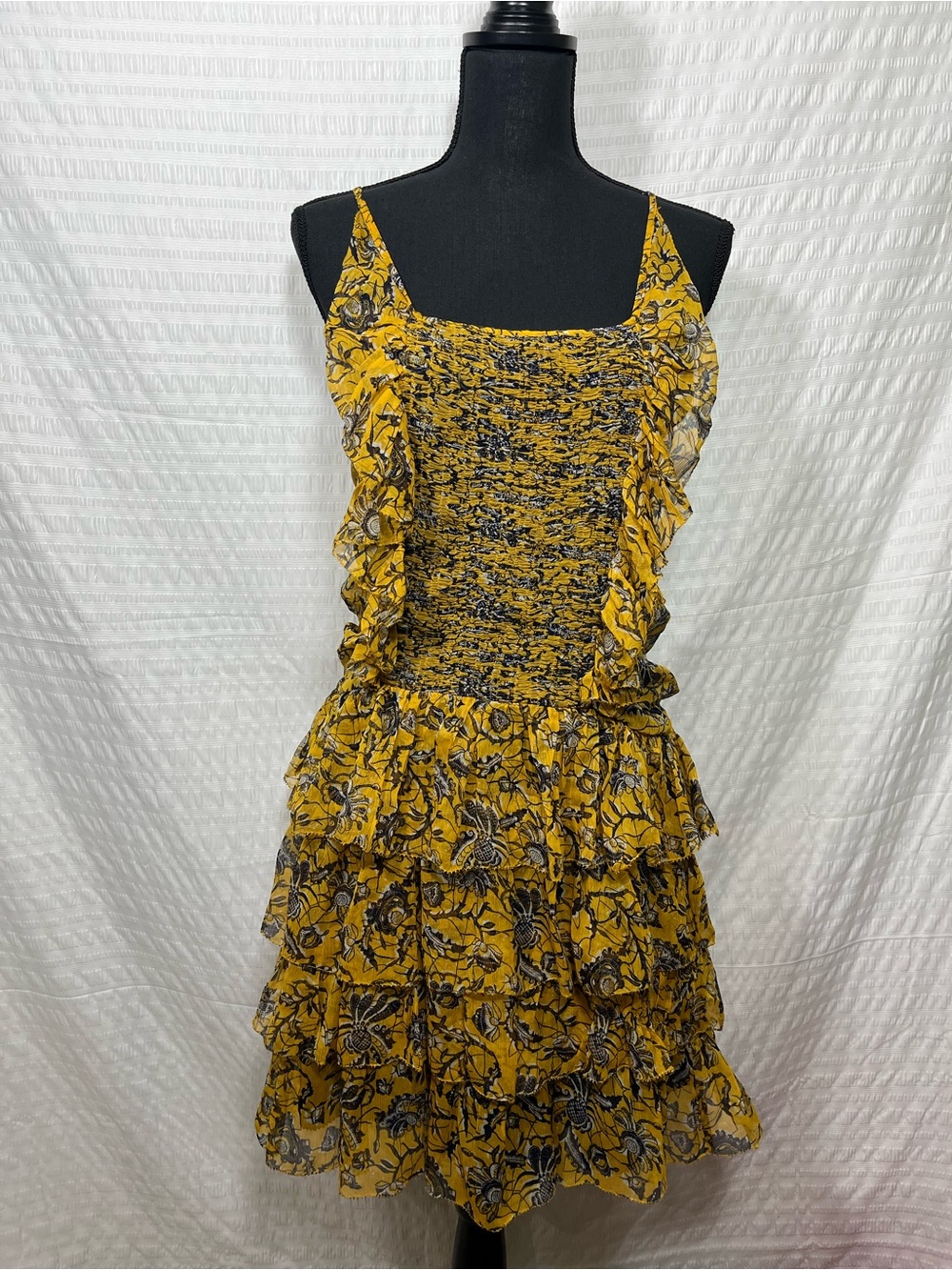 Isabel Marant Etoile Yellow and Navy Blue Floral Ruffle Silk Mini Dress Size 44